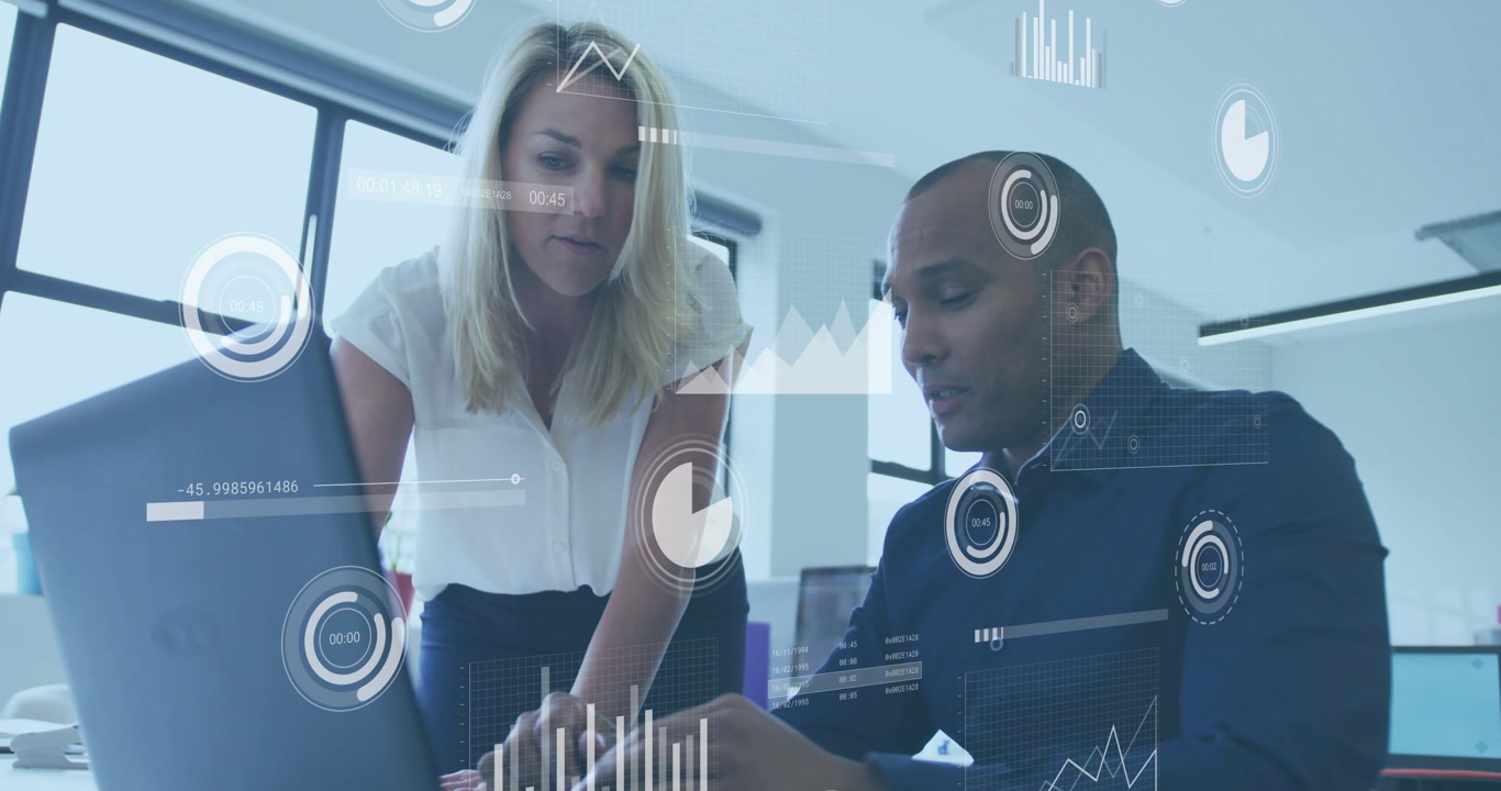 Woman pointing at laptop man tapping smartphone typing holograms guiding business data discussion