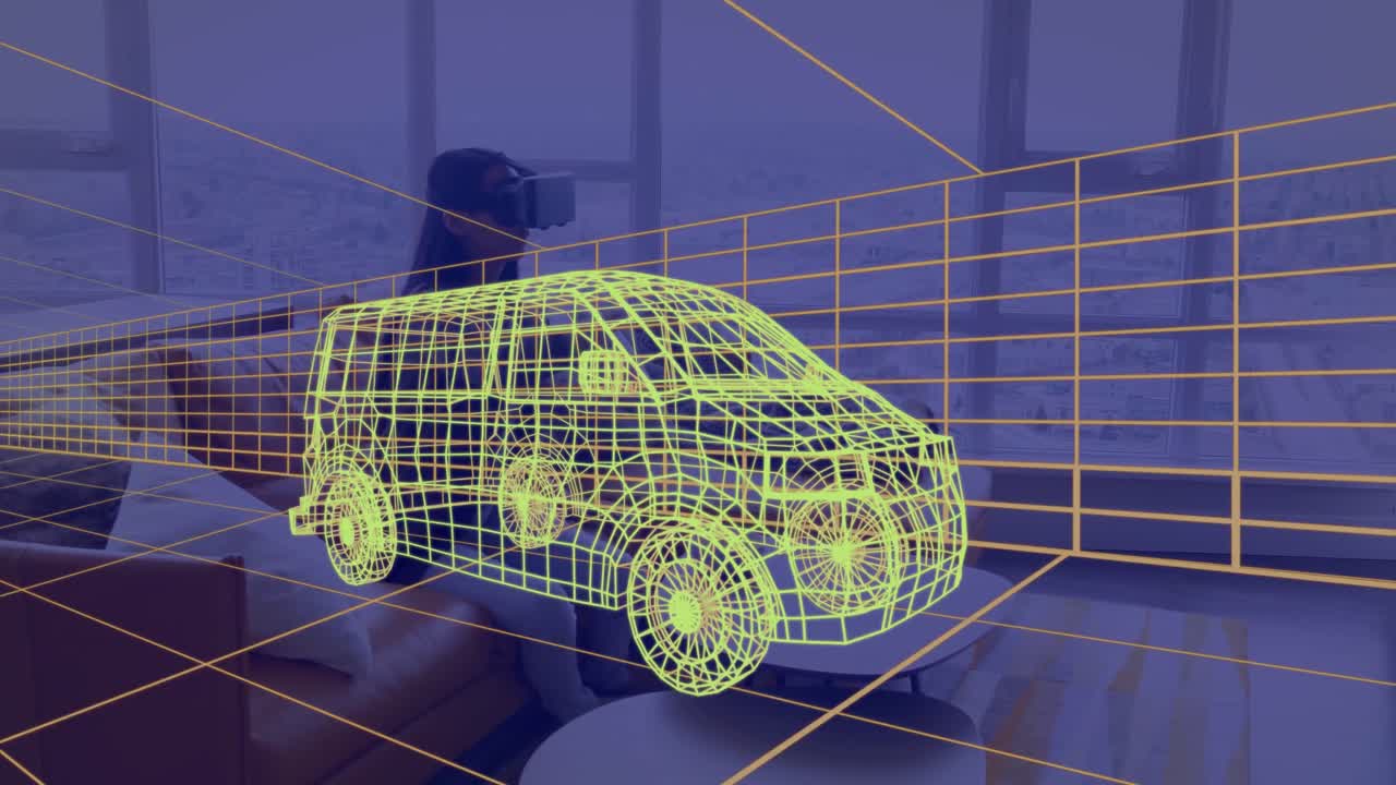 집에서 vr 헤드 ⁇ 을 착용한 여성의 3d 기술 도면의 애니메이션