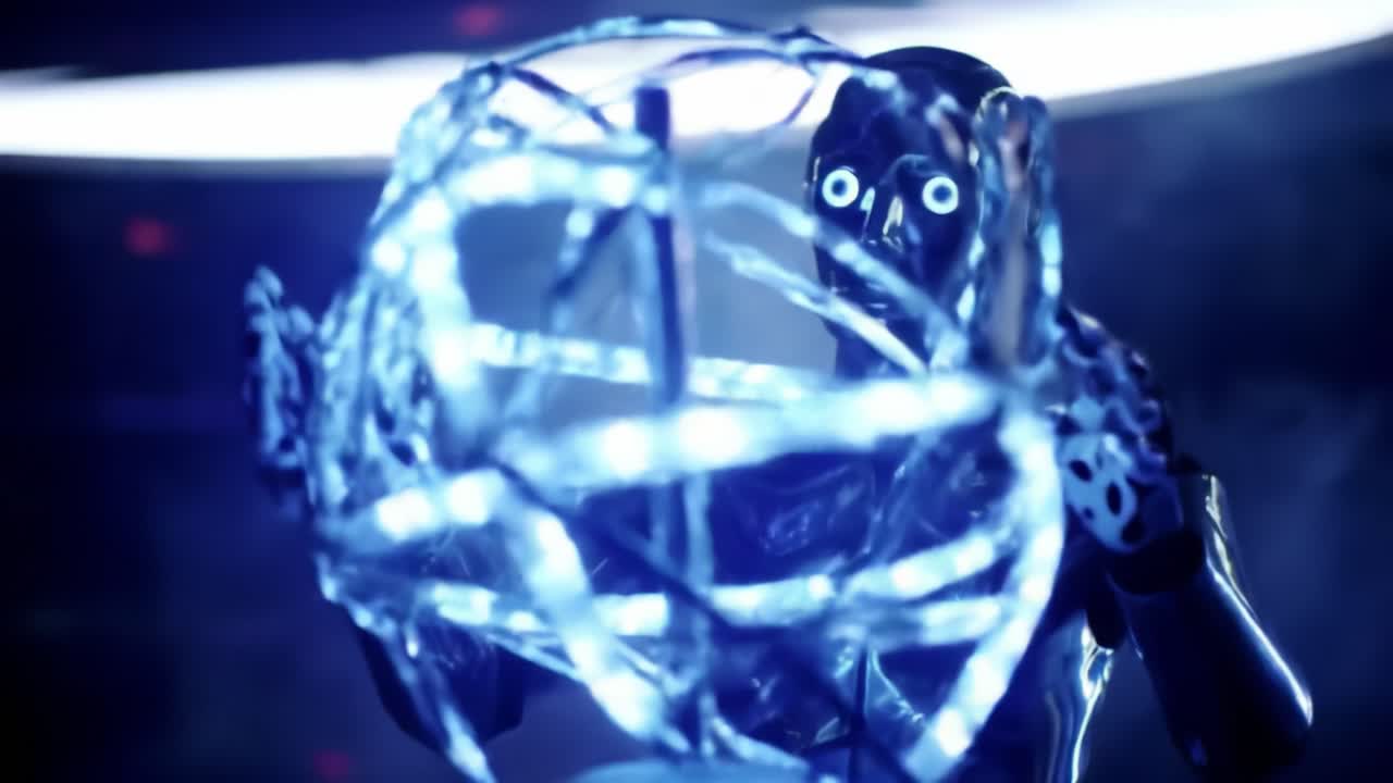 In a futuristic environment, a robot explores and interacts with a glowing luminescent structure, showcasing advanced technology and creativity. The atmosphere is mystical and captivating.