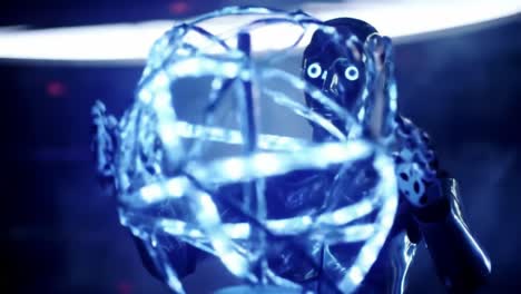 in a futuristic environment, a robot explores and interacts with a glowing luminescent structure, showcasing advanced technology and creativity. the atmosphere is mystical and captivating.