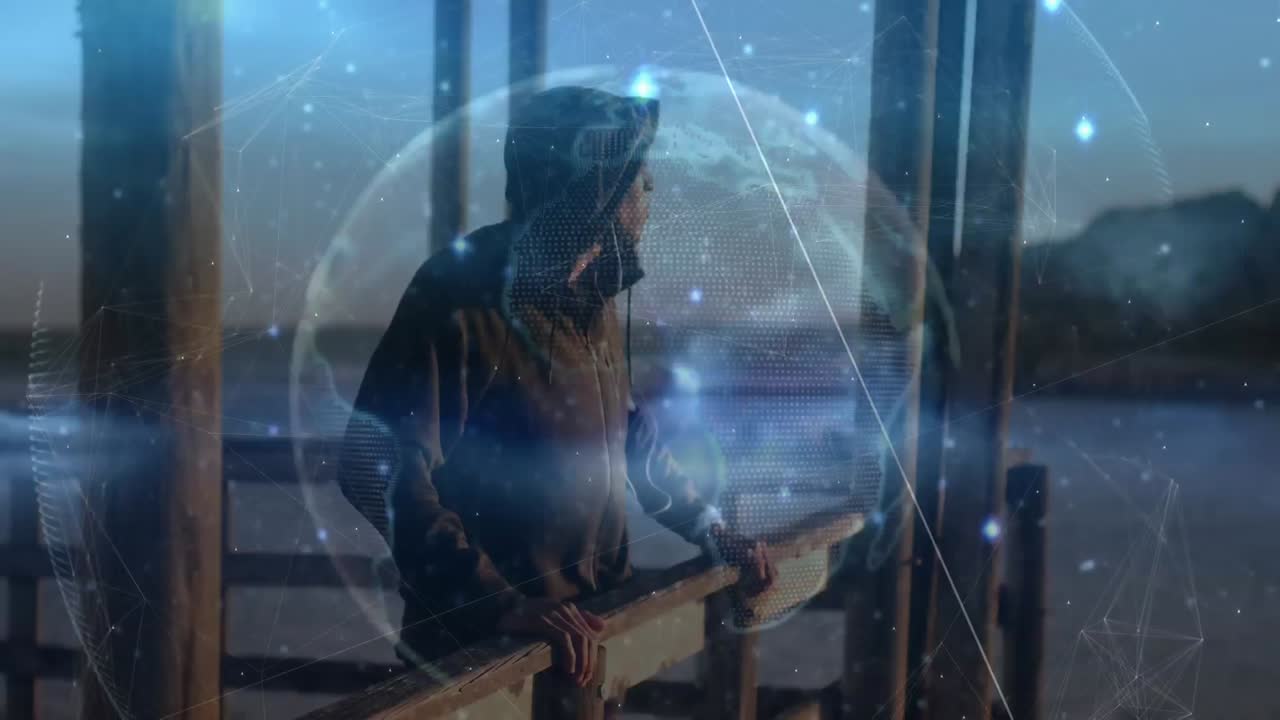 해변에서 운동하는 동안 휴식을 취하는 사람에 대한 연결 네트워크의 지구상의 애니메이션