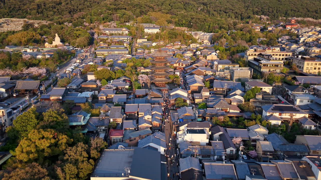 Aerial drone view of the Yasaka Pagoda temple in daylight