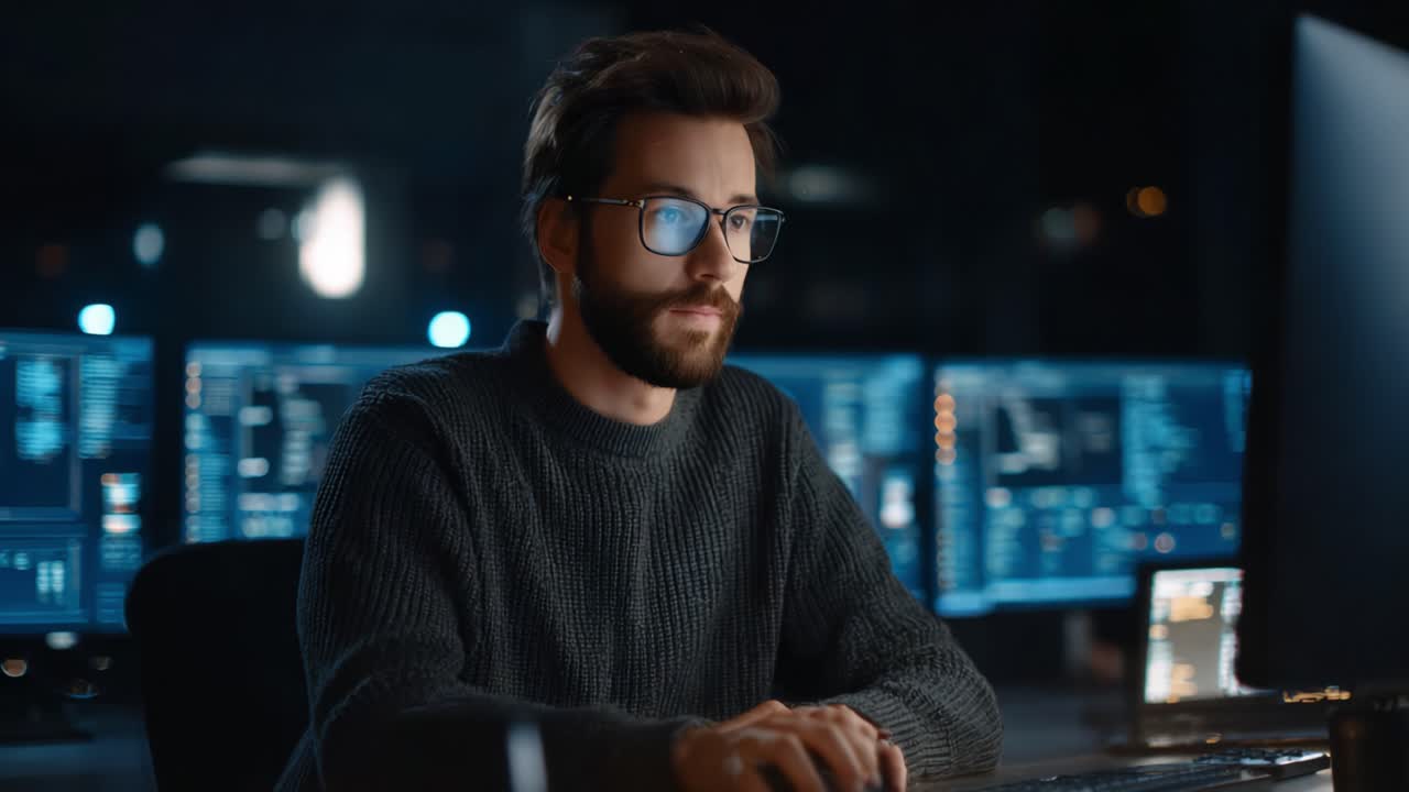 A focused individual engaged in programming and data analysis in a dimly lit environment, surrounded by multiple high-tech monitors displaying complex data and graphs