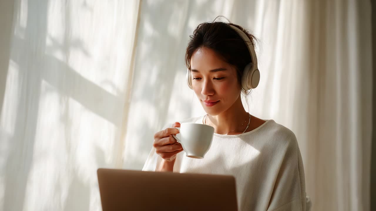 A serene moment captured in time: A young woman enjoys her coffee while listening to music through headphones, immersed in thought as sunlight streams through gentle curtains by her laptop
