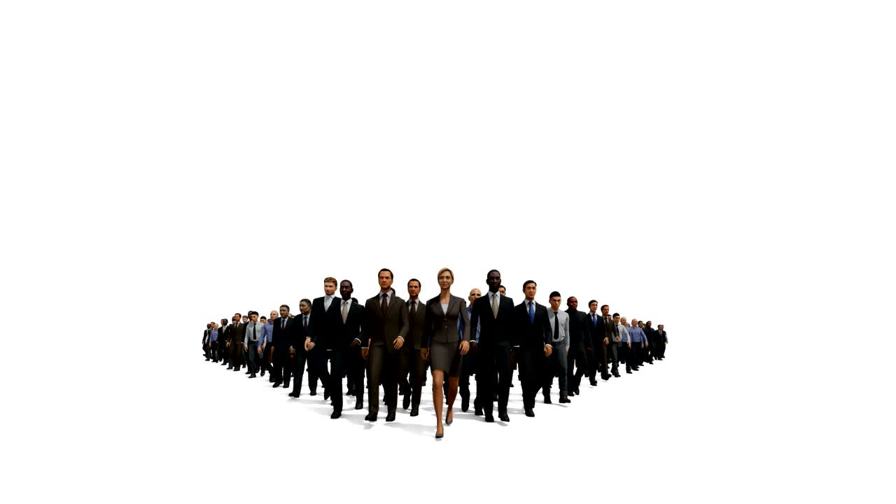 Businessmen lead by a businesswoman, 4K against white
