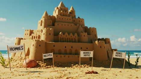 a stunningly crafted sandcastle towers above the shoreline, surrounded by signs indicating reservations and availability for visitors enjoying the beachside experience
