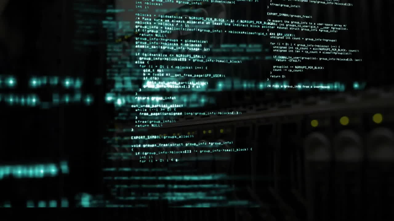 Computer code and data processing animation over server racks in dark room