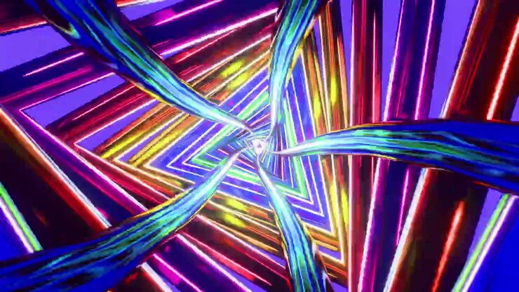 Immersive loop of a futuristic flight down a triangular tunnel with glowing blue and purple neon lines. 3D rendering