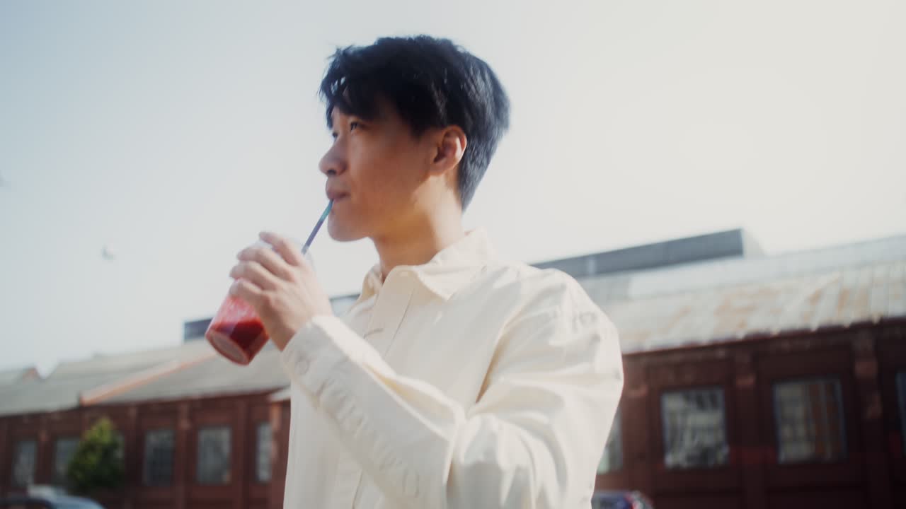 밖에서 주스를 마시는 남자