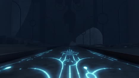 ancient temple gate opens with glowing blue codes