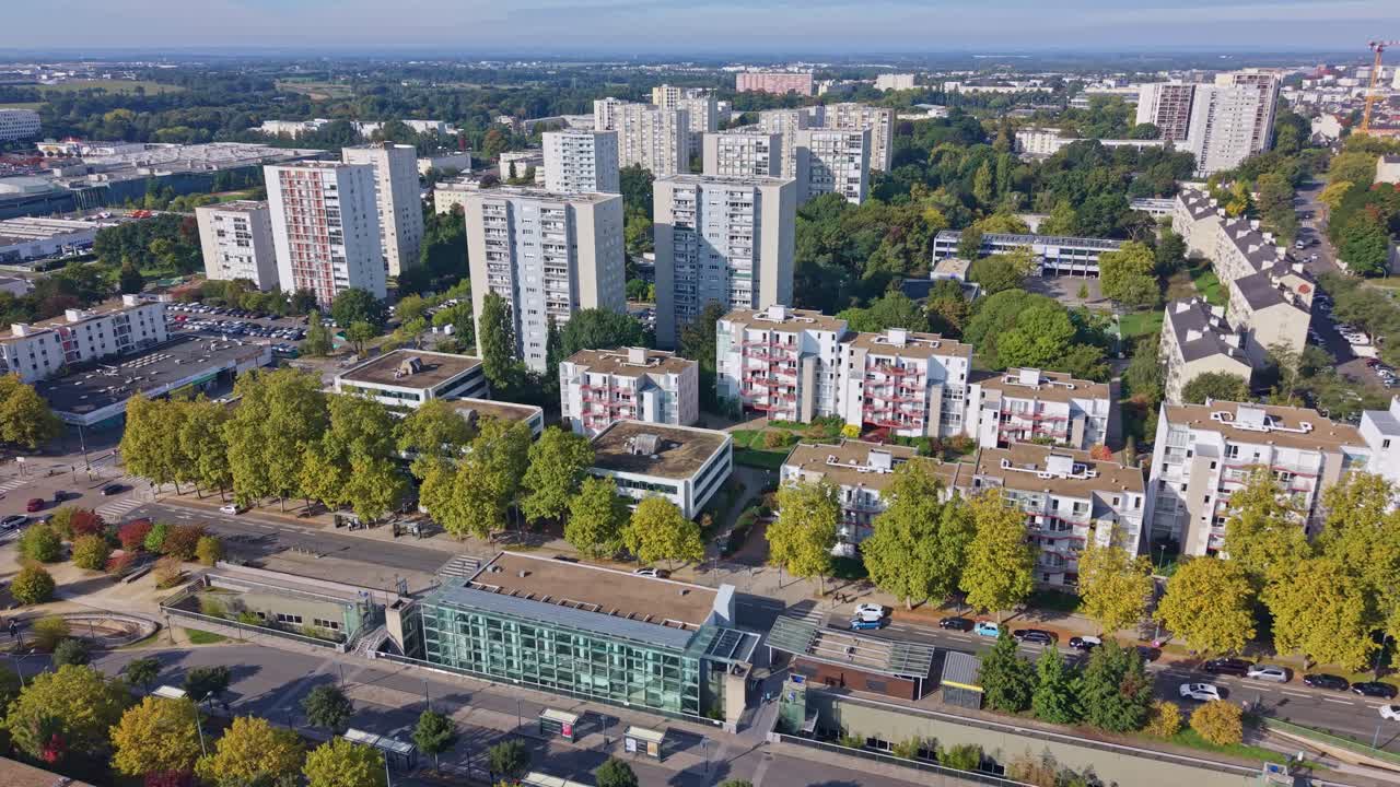 Drone orbit over modern residential metro station and community buildings of Henri Fréville district, Rennes, Brittany, France