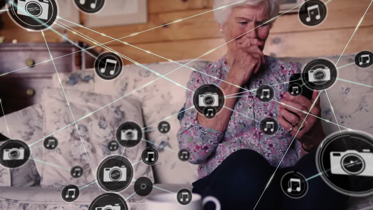 Animation of network of connections with camera icons over caucasian woman using smartphone