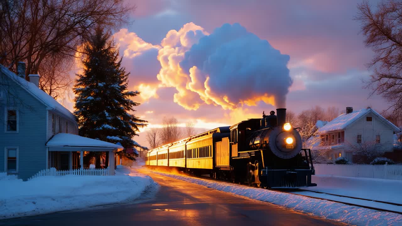 A Majestic Steam Locomotive Passes Through a Winter Landscape at Sunset, Emitting Evocative Clouds of Steam, with Snow-Covered Houses and Trees Silhouetted Against a Vibrant Sky