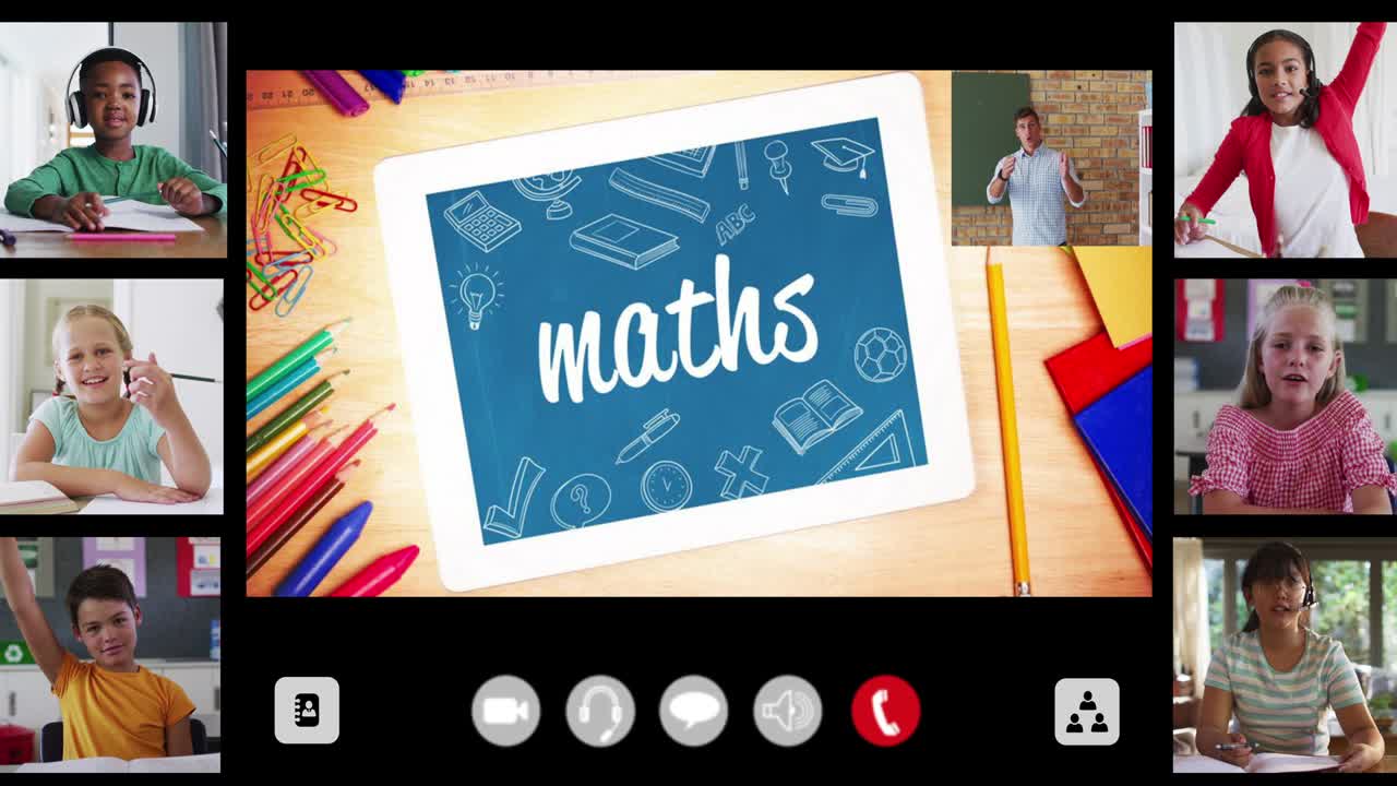 animación de pantalla con texto, matemáticas y seis pantallas de diversos niños durante la lección escolar en línea