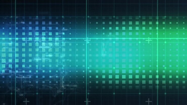Animation of glowing data processing with markers over grid