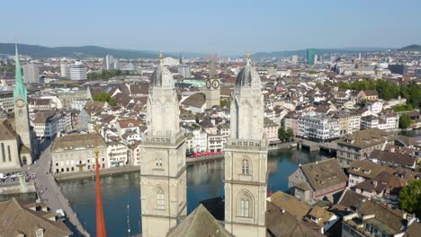 beautiful close up aerial view of grossmünster, church of st peter in zurich, switzerland