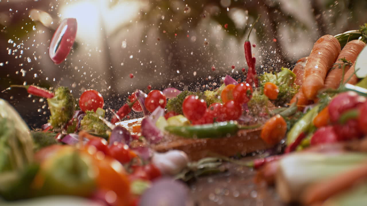 verduras picadas de colores y salpicaduras de agua