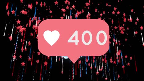 animación del icono del amor del corazón con número creciente sobre estrellas caídas y puntos en los colores de la bandera estadounidense