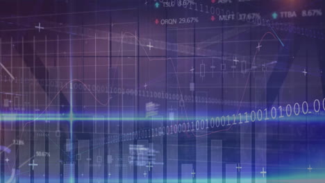 Animation-of-statistical,-stock-market-data-processing-against-view-of-cityscape-from-office-window