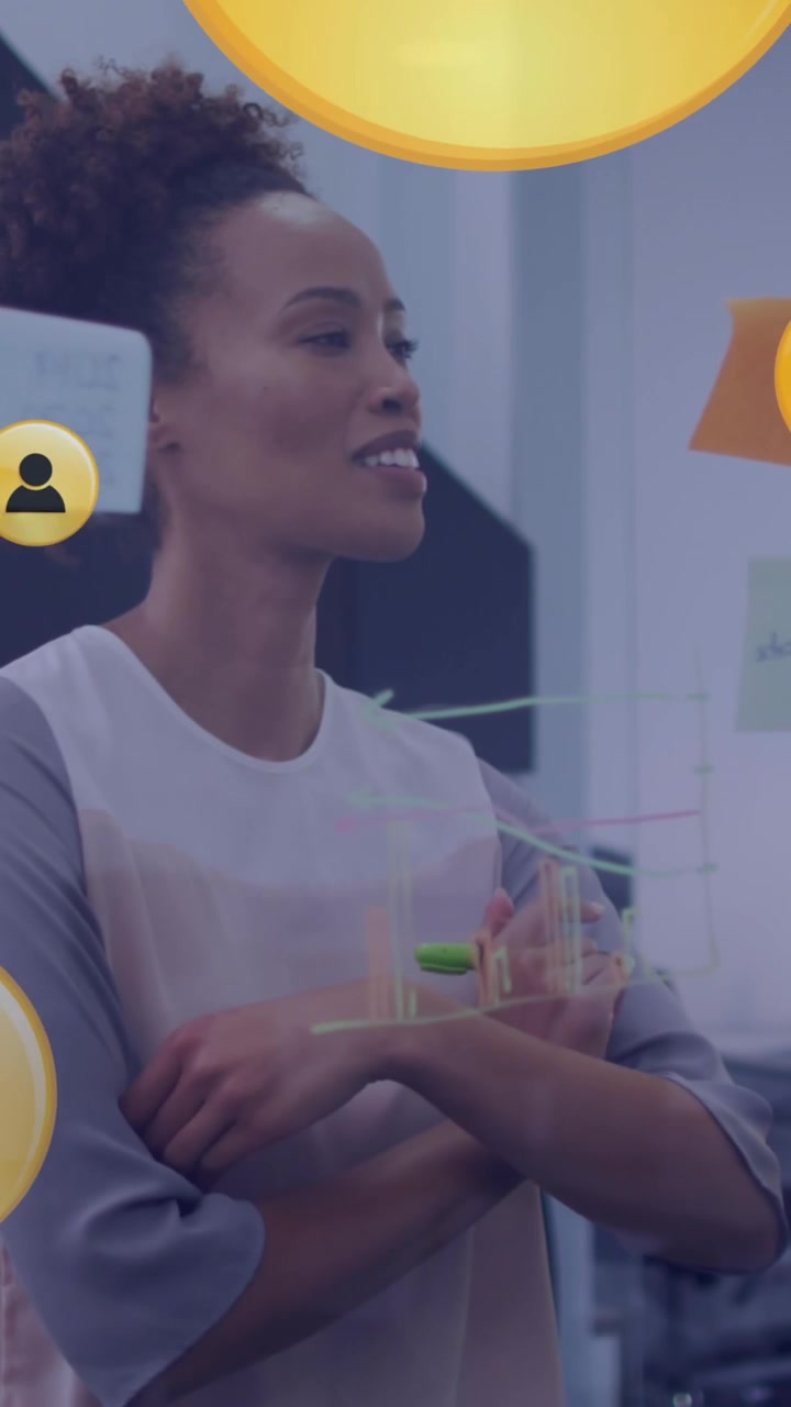 Animation of people icons over african american businesswoman discussing over memo notes