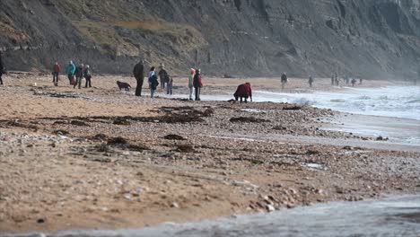 Charmouth-Beach-En-Dorset,-Al-Sur-De-Inglaterra,-La-Costa-Y-La-Gente-Admira-La-Vista