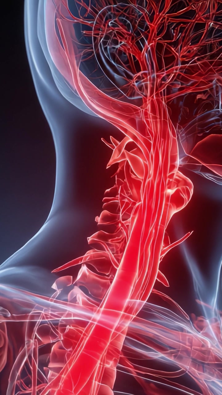 Visualización detallada de la columna vertebral humana y el sistema vascular, enfatizando la dinámica del flujo sanguíneo y las estructuras anatómicas en una representación artística única.
