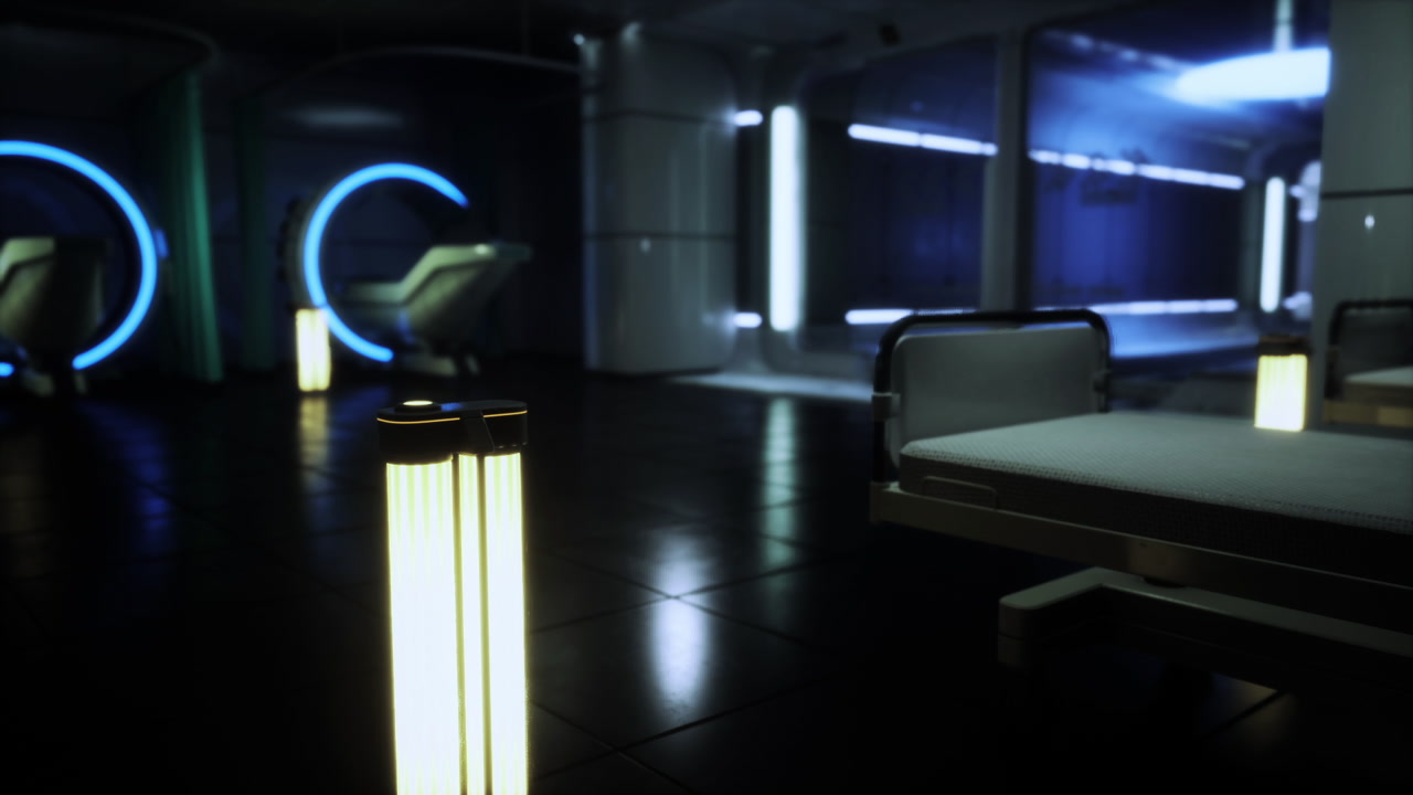 Inside sterile clinic with illuminated pillars and reflective floors