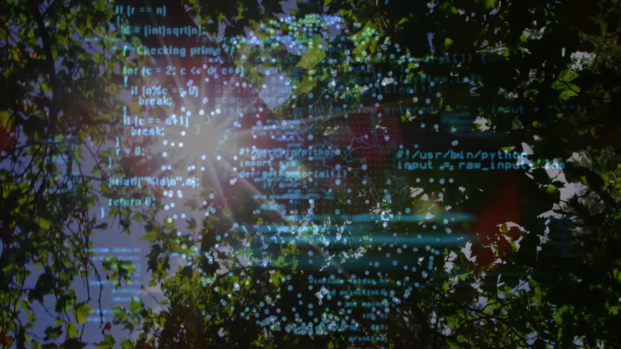 Sunburst starting data points forming cloud with scrolling code, visualizing nature data fusion