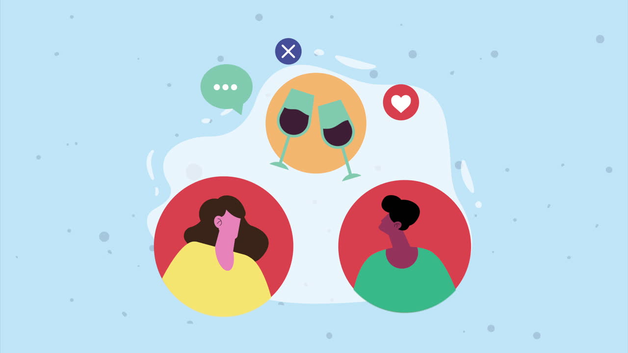 와인 컵 애니메이션 을 가진 젊은 부부