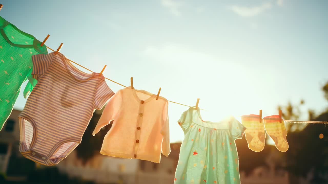 ローアングルで撮影された、日差しの当たる物干し竿の赤ちゃんの服。穏やかな動画に最適な光景。