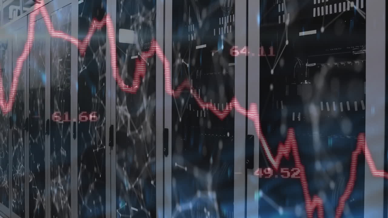 Data performance graph dropping across server racks, showing numeric labels with network overlay
