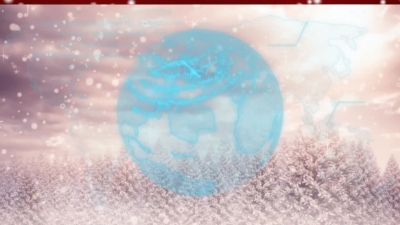눈이 떨어지고 지구가 겨울 숲 풍경 위에서 회전하는 애니메이션