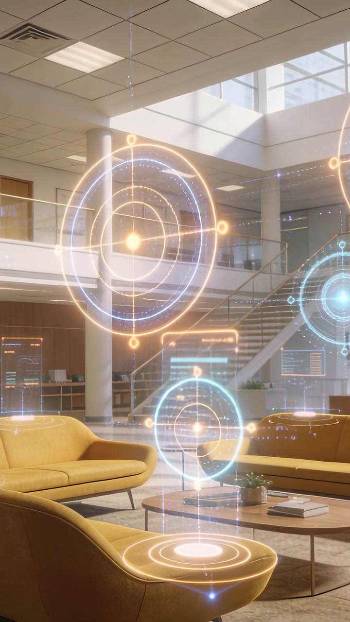 Vertical video: Activating hologram expanding over mustard sofas in office lobby, showing data