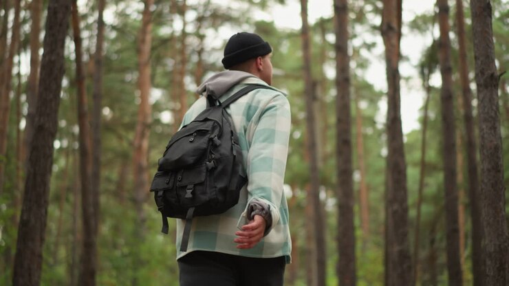 Traveler inspects forest, Hiker examines woodland trail carefully, Outdoor adventurer surveys forest path with focus, Backpack wearer observes trees while planning his route through woods