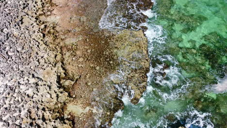 crystal clear emerald water on rocky coral coastline in cozumel mexico, aerial top down