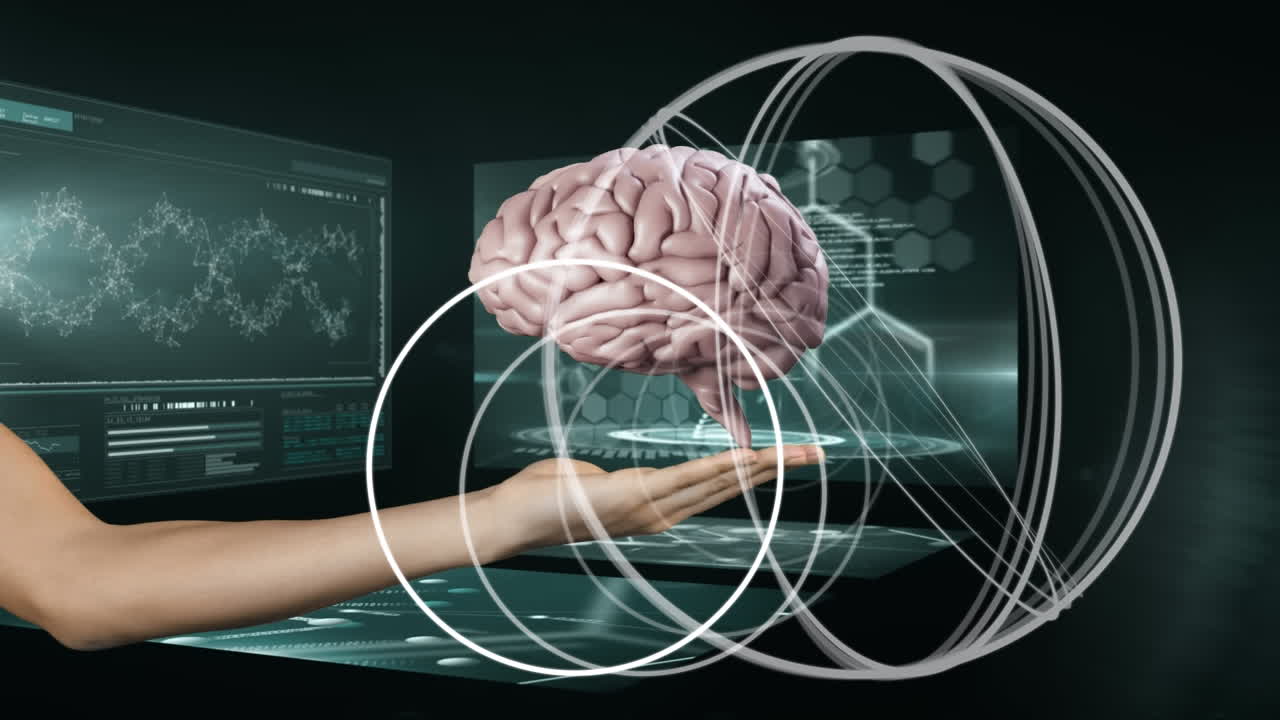 검은색 배경에 데이터 처리를 통해 손을 잡은 디지털 뇌의 애니메이션