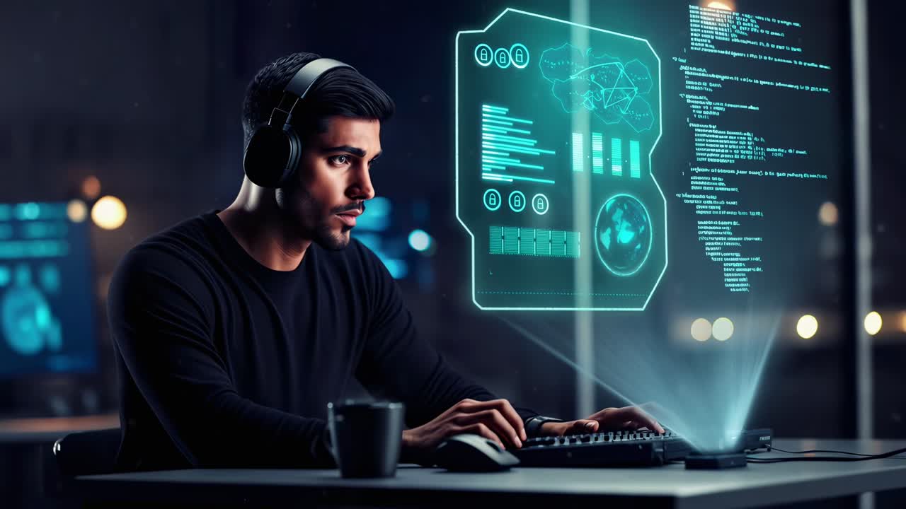 Side angle of a focused man coding with futuristic holograms, styled like a tech video