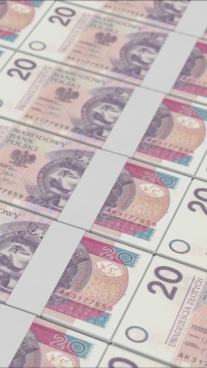 Para basma makinesinde basılan 20 Polonya Zlotisi banknotlarının dikey videosu