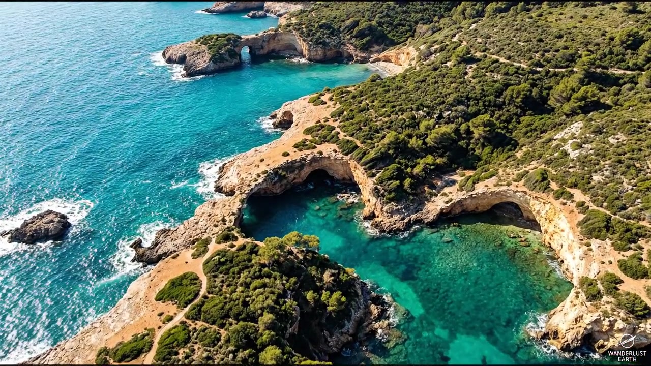 Veduta aerea di un'isola rocciosa e frastagliata e acque costiere color turchese, catturata con dettagli ambientali e atmosfera realistici