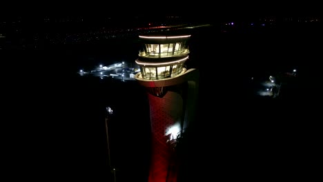 airport, air traffic control tower and airfield at night.