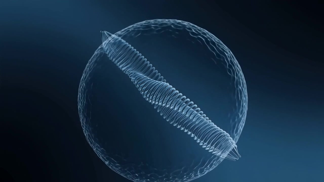 Soft glowing capsule-like light streaks float near the center right on a deep blue gradient, forming a sleek futuristic abstract scene with subtle motion