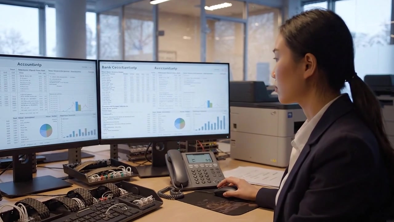 An Office Worker Analyzing Financial Data on Dual Monitors While Engaged in Business Communication via Telephone in a Modern Workspace Setting