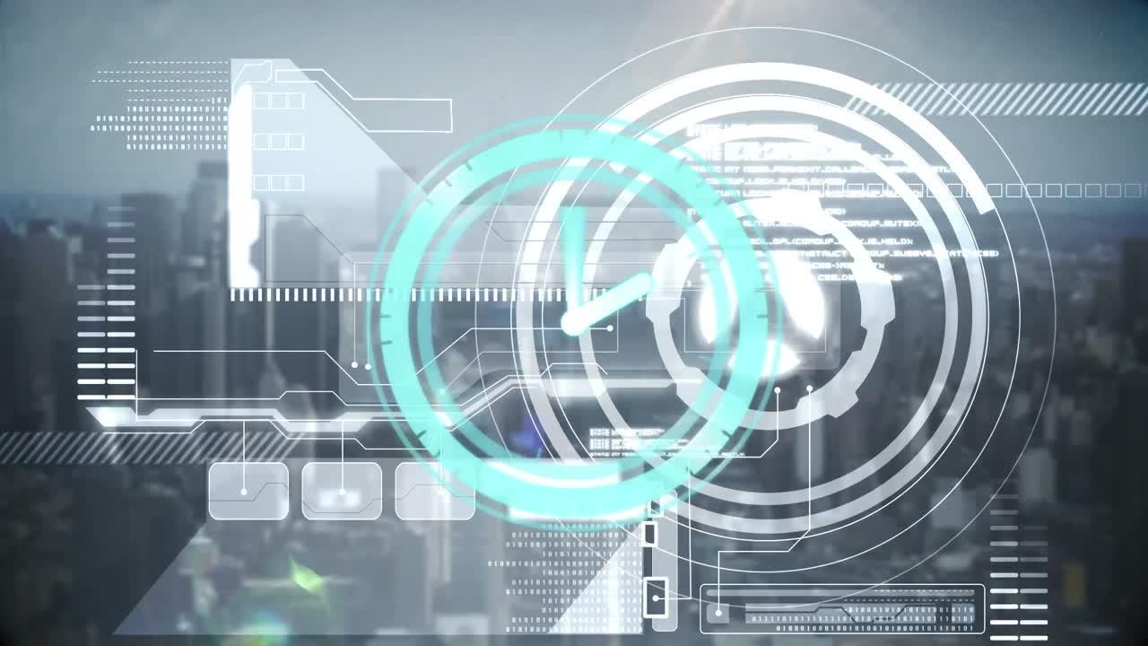 시계의 애니메이션 디지털 인터페이스를 통해 도시 풍경