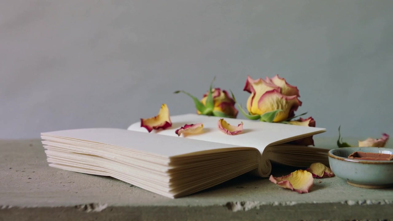 Sfogliare la pagina superiore di un libro spesso e vuoto sollevato su una lastra di cemento grezzo che sparge petali