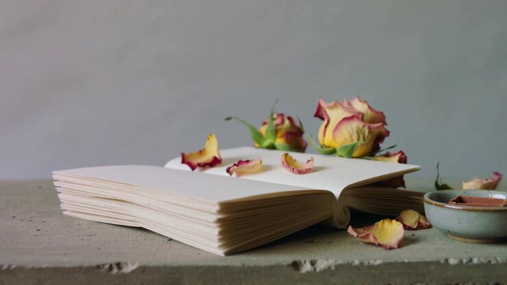 Sfogliare la pagina superiore di un libro spesso e vuoto sollevato su una lastra di cemento grezzo che sparge petali