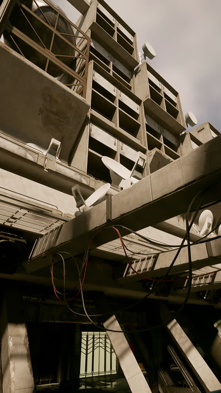 un edificio industrial futurista con un exterior de hormigón, estructuras metálicas y una fachada oxidada.
