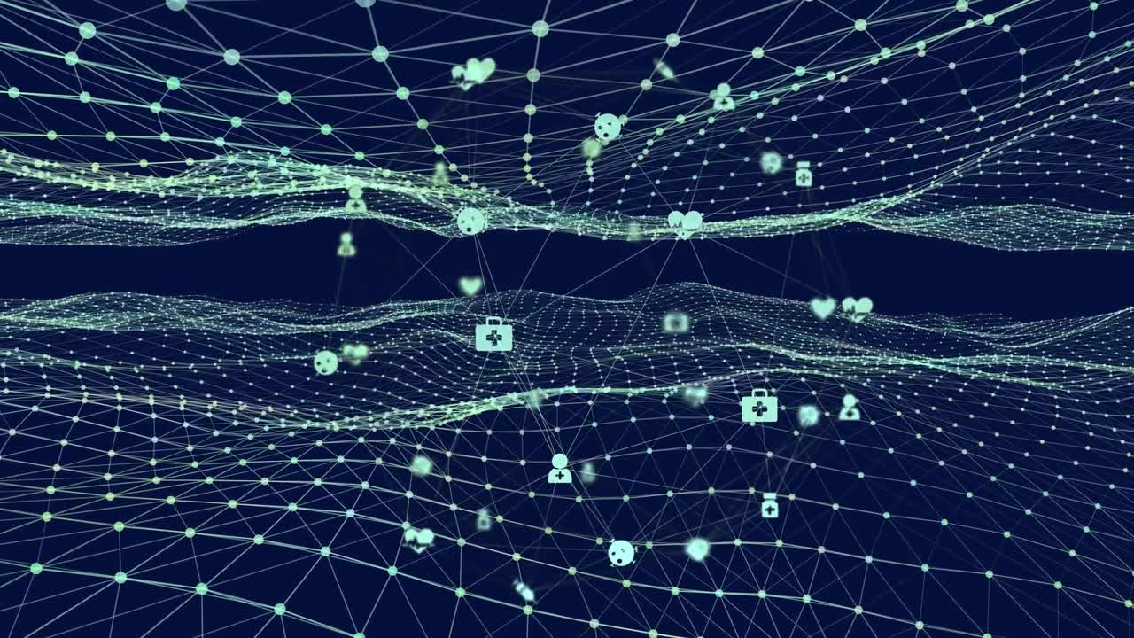 Animation of globe of network of connections over mesh on blue background