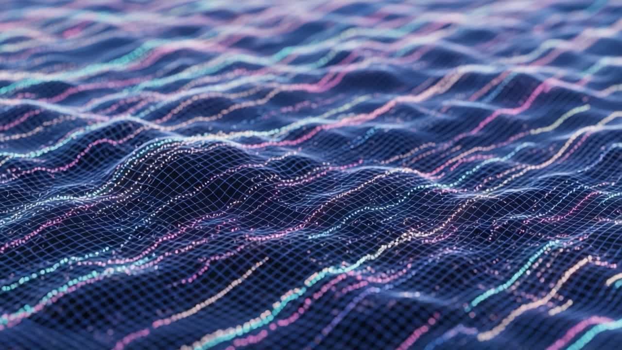 Intricate Patterns of Light and Geometry: A Mesmerizing Close-Up of Wavy Textures and Shimmering Strands in Vibrant Hues on a Dark Background