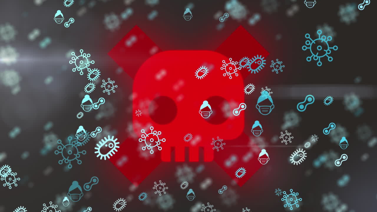 경고 표지판 위에 떨어지는 코로나19 세포와 아이콘의 애니메이션 검은 바탕