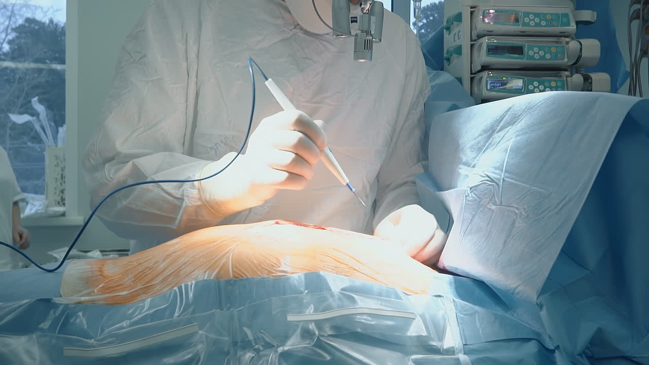 외과 의사는 클리닉에서 레이저 스칼펠로 환자의 가을 절단합니다. 병원에서 관상동맥 바이파스 수술에서 안경으로 집중된 의사. 의료 도구